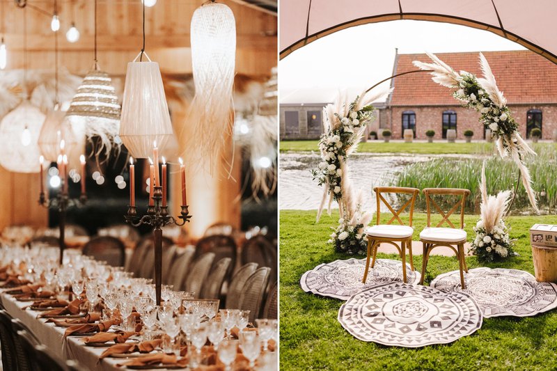 Een%20tafel%20versierd%20met%20kandelaars%20en%20lampenkappen%20in%20huiselijke%20stijl%20en%20een%20ceremonie%20buiten%20met%20huiselijke%20ronde%20tapijtjes%20-%20House%20of%20Weddings