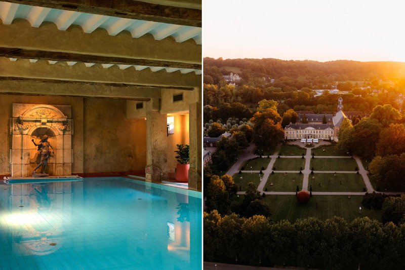 Linker%20foto%20van%20indoor%20zwembad%20met%20standbeeld.%20Rechter%20foto%20van%20bovenzicht%20domein%20Ch%E2teau%20St.%20Gerlach%20met%20een%20warme%20gloed