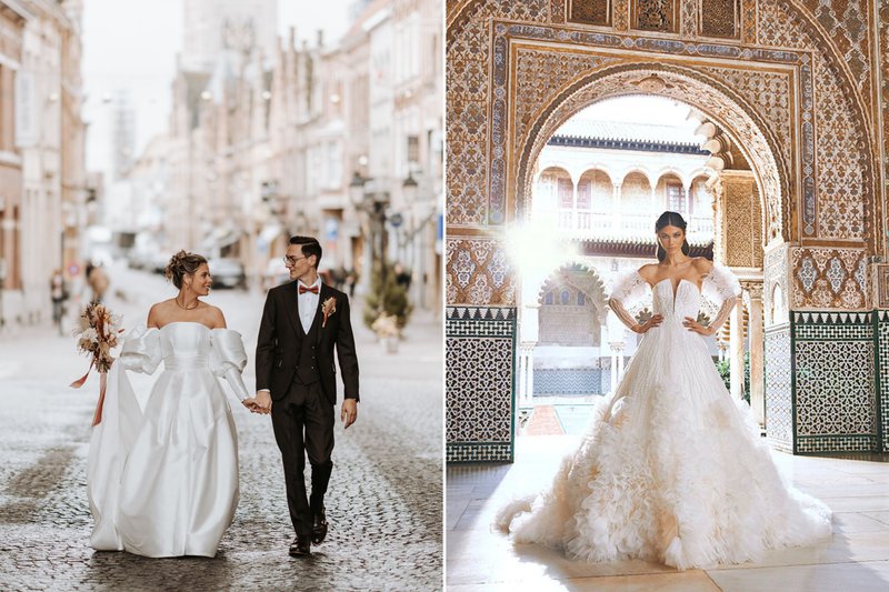 Links%20een%20prinsessenjurk%20met%20pofmouwen%2C%20rechts%20een%20trouwjurk%20met%20ruffles%20of%20ruches%20aan%20de%20rok%20-%20House%20of%20Weddings