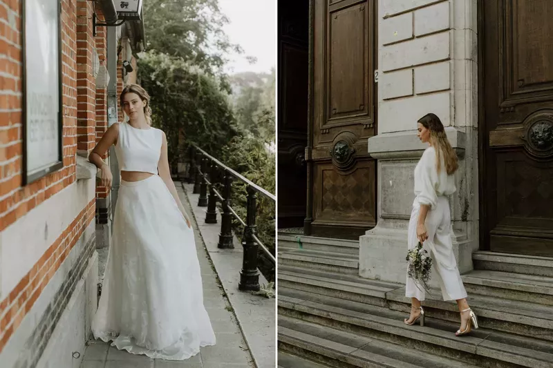 Links%20een%20lange%20rok%20en%20top%2C%20rechts%20een%20broekpak%20met%20trui%20-%20House%20of%20Weddings