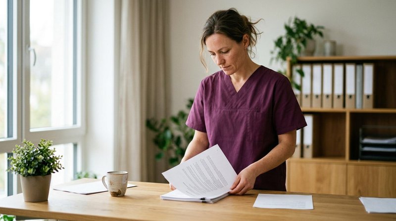 Abrechnungssoftware%20Pflege%3A%20Pflegekraft%20ordnet%20Abrechnungsunterlagen%20am%20Schreibtisch
